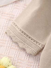 Young Girl Solid Color Knit Short Sleeve Cardigan With Delicate Lace Trim On Collar And Cuffs, Elegant Beach Fashion, Suitable For Eid Al-Adha Gift - Khaki - View 3