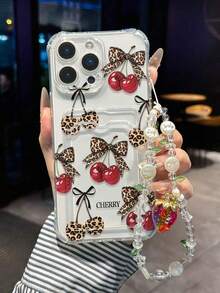Cherry Painted Transparent Quadrangular Card Holder Multifunctional Card Wallet With Bracelet Strap & Thick Shockproof Phone Case Compatible With IPhone/ Galaxy/,International Version, Not The Domestic Version - Multicolor - View 1