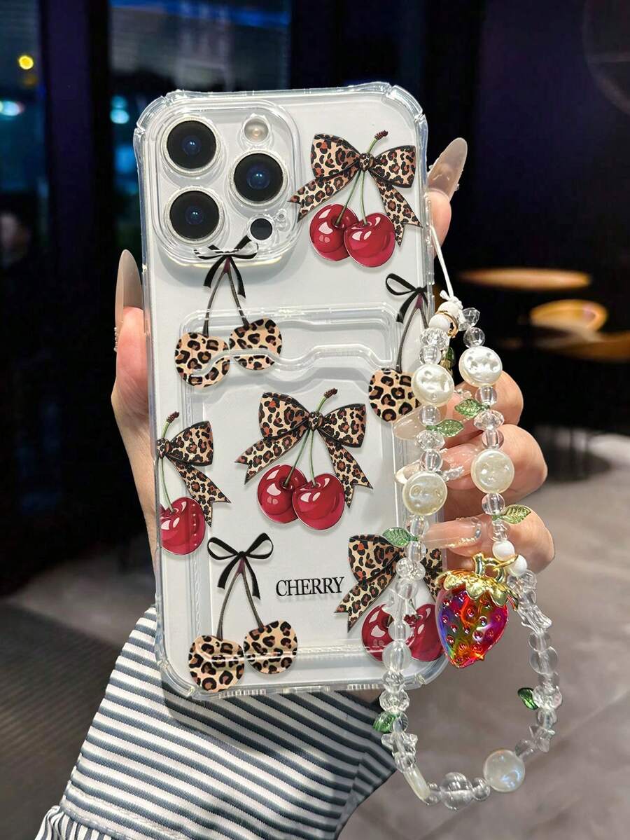 Cherry Painted Transparent Quadrangular Card Holder Multifunctional Card Wallet With Bracelet Strap & Thick Shockproof Phone Case Compatible With IPhone/ Galaxy/,International Version, Not The Domestic Version - Multicolor - View 1