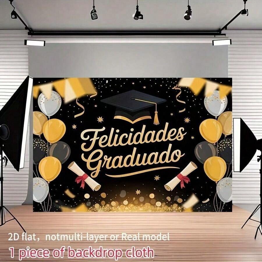 2D Flat, 1 Piece Spanish/English Graduation With Golden Hat And Diploma  Spanish Congratulation Message 'Feliz Graduado'  Gold And Black Party Decoration, Suitable Indoor/Outdoor Graduation Parties, Photo Booth Background, Diploma Scroll Cutout (2D Flat) - 多色 - 查看 1