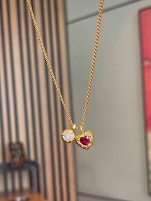 1件纹理链项链，饰有心形和圆形闪亮装饰 - 紅寶愛心閃鑽項鍊 - 查看 3