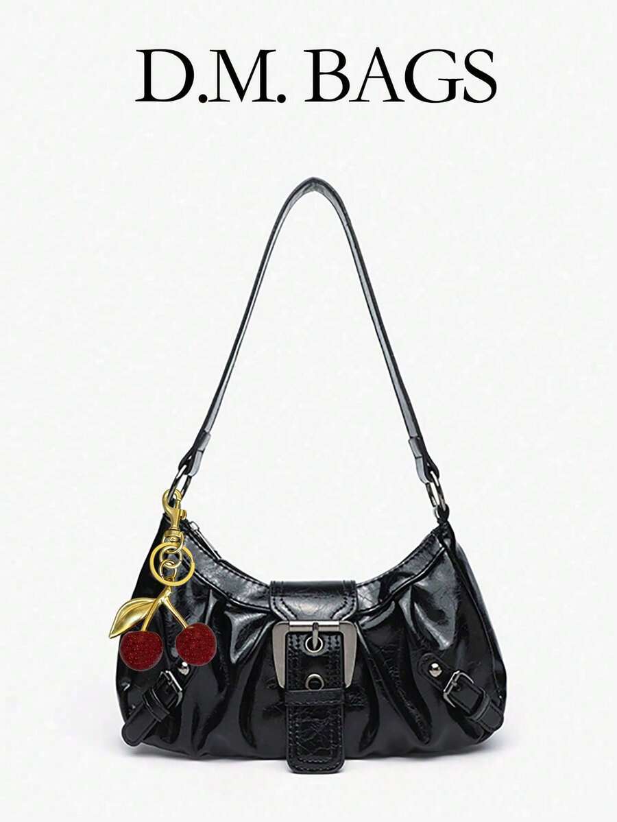 Y2K 女士复古 Miradet 做旧软皮摩托车包，铆钉、搭扣装饰，褶皱云朵肩包/腋下包，樱桃吊坠，适合工作、通勤、约会、派对等场合。 - 黑色 - 查看 1