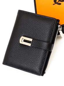 Women's Short Genuine Leather Wallet, Fashionable Snap Closure, Magnetic Open Design, Multi-Function Anti-Theft Bifold Card Holder, Zipper Coin Purse, Exquisite Gift Box Packaging, Great Gift - Black - View 4