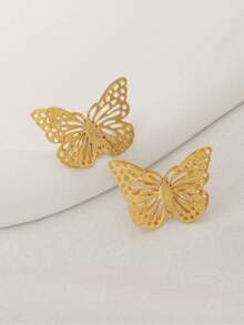 1 par de pendientes personalizados de diseño de mariposa hueca exagerada, de estilo casual y elegante - Dorado - Ver 1