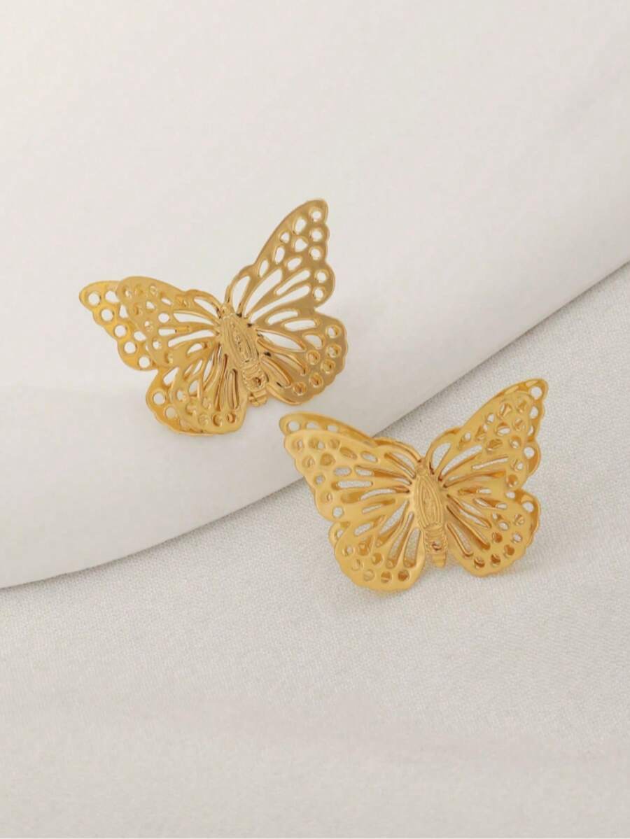 1 par de pendientes personalizados de diseño de mariposa hueca exagerada, de estilo casual y elegante - Dorado - Ver 1