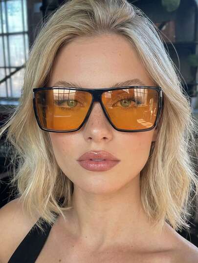 1 Pair Women's Black Square PC Frame Glasses, Minimalist Solid Color, Versatile For Street Style, Vacation, Travel, Retro Large Frame Fashion