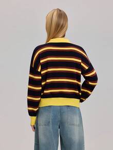 Women's Casual Commuting Contrast Stripe Pattern Polo Collar Loose Knit Sweater, Spring/Autumn - Multicolor - View 2