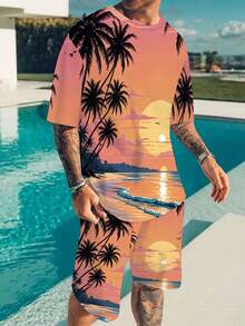 Set di camicia a maniche corte e pantaloncini con stampa da spiaggia per uomo, traspirante e ad asciugatura rapida, adatto per sport, tempo libero e uso quotidiano all'aperto. - Colori misti - Visualizzare 7