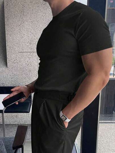 Suéter de manga corta minimalista de punto de unicolor, estilo universitario casual y de viaje para hombre, talla grande, primavera/verano