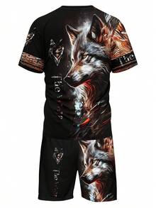 Ensemble chemise à manches courtes et short imprimé loup, mode décontractée pour homme - Couleurs mélangées - Voir 1
