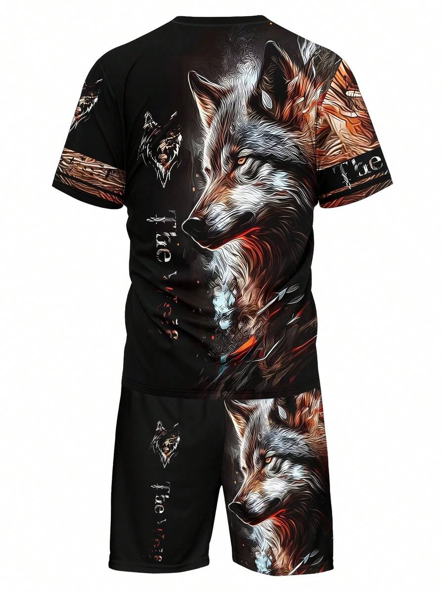 Ensemble chemise à manches courtes et short imprimé loup, mode décontractée pour homme - Couleurs mélangées - Voir 1