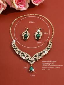 2pcs Luxury Fully Rhinestone Jewelry Set, Including Necklace And Earrings, Available In Navy Blue And Red - 1622 Gold Green Set - View 5