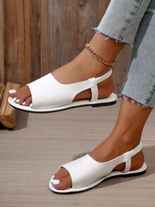 Giày sandal hở mũi màu trơn thời trang mùa hè cho nữ - Nâu và đen, đế bằng, mũi hở, đế cao su, giày thường ngày thoải mái, giày sandal xỏ ngón thời trang có chun dễ xỏ - trắng - Xem 7