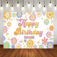 1 peça de painel fotográfico personalizável com tema hippie e ônibus para aniversário, com decoração vibrante de margaridas e arco-íris. Ideal para decoração de mesa de bolo em festas de aniversário, chá de bebê e outras comemorações. Banner em vinil. - Laranja - Ver 2