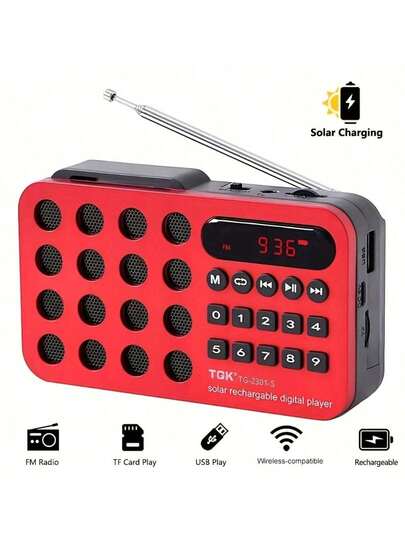 便携式调频/长波/短波收音机，小巧手持式收音机，带液晶显示屏和耳机插孔，USB 和 1200mAh 可充电电池双供电，红黑轻便，适合旅行、健身房、家庭、办公室等各种场合，是理想的礼物之选。