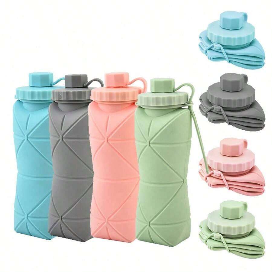 1pc 600ml Silicone Folding Bottle Adult Portable Reusable Plastic Cups Outdoor Travel Gym Bottle Motivational Drinking Bottle - 彩色 - 查看 1