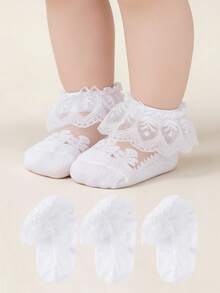 3 Pairs Toddler Lightweight Breathable Lace Crystal Silk Short Socks, Summer - White - View 10