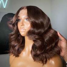 HJ WEAVE BEAUTY #4 Chocolate Brown Body Wave Bob 13x4 HD Lace Front Wig, Brazilian Human Hair, Dark Brown, Pre-Plucked Hairline, Transparent Lace, 200% Density - S4 - 查看 7