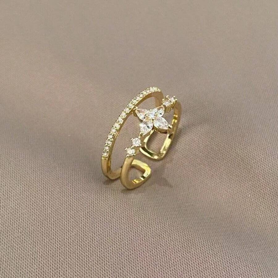 Nhẫn đôi hình thánh giá đính đá Zirconia, nhẫn thánh giá bằng thép không gỉ mạ vàng dành cho nữ, nhẫn cưới cao cấp, trang sức thẩm mỹ. - Vàng - Xem 1