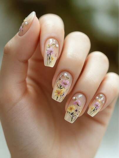 24-Piece Set Of Dried Nail Flowers And Pearl Nude Color Pressure Nails Y2K Acrylic Nails Pink Fashionable Gradient Geometric Stripes Flower Pattern Beautiful Light Luxury Style Fake Nails Reusable Fake Nails Women's Sweet And Cute Manicure Set With Removable Fake Nail Patches Suitable For Vacations, Parties, Friends, Dates, Daily Wear