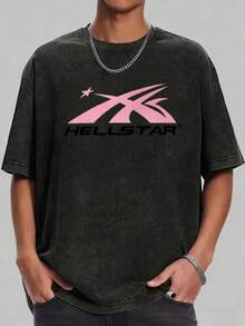 Hellstars Pink X Logo Y2K Washed Print Round Neck Short Sleeve T-Shirt, 230g 100% Cotton T-Shirt, Summer Clothes, Men's Tops, Casual And Comfortable, Fashionable Graphic Tee, Unisex Style - Black - View 1