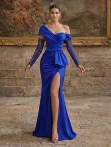 Smilprince Elegant Long Sleeve Asymmetric Neckline Ruched Slit Women's Evening Gown - Royal Blue - View 5
