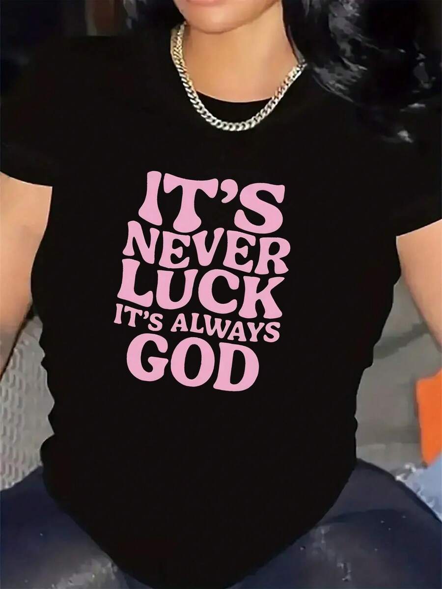 Camiseta informal para mujer con estampado de mariposas y eslogan, manga corta, cuello redondo, ligeramente elástica - Negro - Ver 1