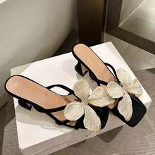 Women's High Heel Sandals, 2026 Spring/Summer New Arrival, Faux Butterfly Flower 3D Design, Fashionable Open Toe High Heel Slide Sandals, Elegant & Versatile - Black - View 4