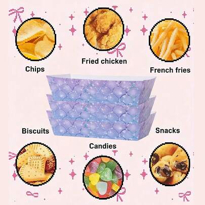 10个/20个/50个装，美人鱼鳞片纸质零食托盘，闪亮紫蓝渐变一次性食品船，坚固耐用防油，适合盛放薯片、薯条、玉米片等派对小吃，是美人鱼主题生日派对、泳池派对和海滩活动的理想之选。