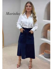 WOMEN'S SUEDE SKIRT WITH ZIPPER AND POCKET. STYLE AND ELEGANCE. - 藍色 - 查看 3