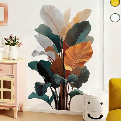 2pcs Retro Leaf Wall Stickers, Large Removable Plant Leaf Wall Mural Decals For Bedroom Background