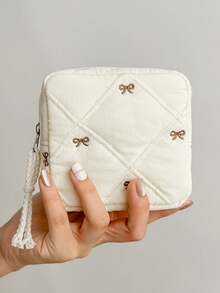 1 pieza Nueva bolsa de maquillaje acolchada con lazo / Neceser de viaje / Estuche para lápiz labial / Organizador multifuncional para toallas sanitarias / Bolsa de almacenamiento como regalo de San Valentín - Multicolor - Ver 15