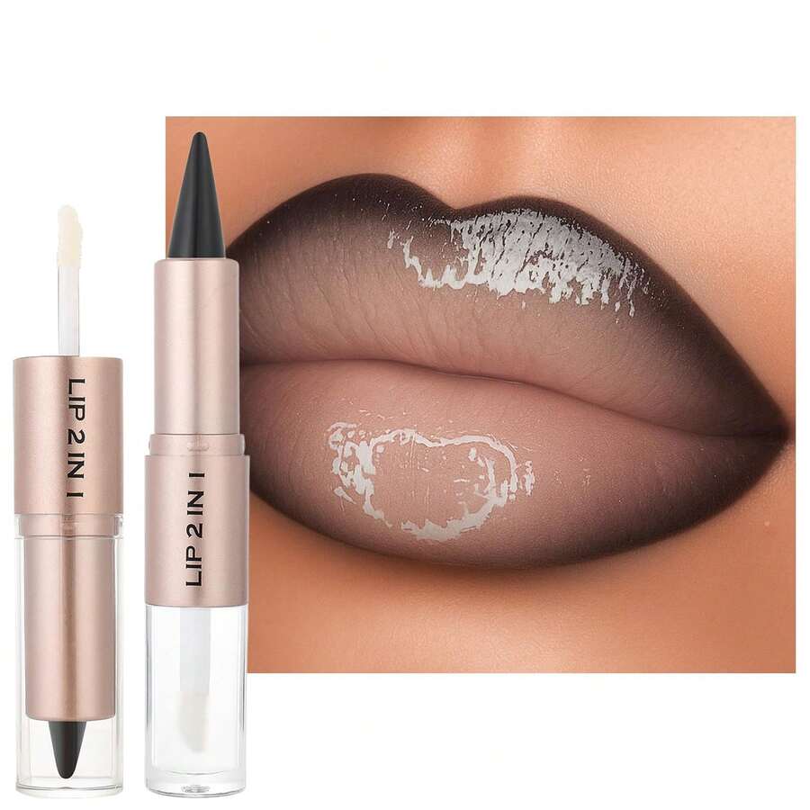 QIUFSSE Lip Liner & Gloss Lipstick Combo - 2 In 1 Dual-Ended Lip Combo Set, Black Velvet Matte Lip Liner & Buildable Clear Mirror Glowy Lip Gloss Kit For Women, Long Wear Shiny Plumping Finish, 01 - 2In1 Lipstick Lipgloss#01 - 查看 1