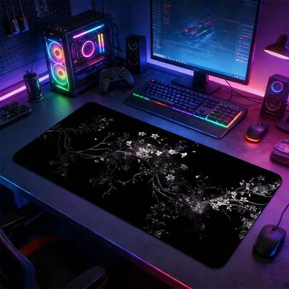 YUFZX Silver Cherry Blossom Branch On Black Base XXL Extended Gaming Mouse Pad, Large Desk Mat With Non-Slip Rubber Base, Stitched Lock Edge Desktop Pad, Suitable For Gaming Setup Home Office, Ideal Gift For Gamers & Japanese Art Aesthetic Fans