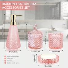 5-Piece Pink Glass Bathroom Accessories Set, Includes Triangle Soap/Lotion Dispenser, Soap Dish, Toothbrush Holder, Tumbler & Cotton Swab Jars,Modern Crystal Decor For Bathroom - Housewarming Gift - 粉色 - 查看 4