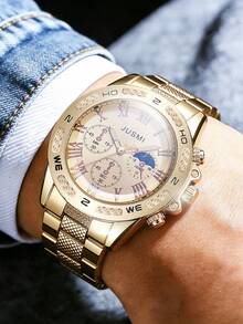 1pc JUSMI Luxury Gold Watch For Men, Roman Numeral Steel Band Business Watch, Suitable For Daily Wear, Business Events, Holiday Parties, And Gift Giving - one-size - View 3