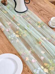 1pc Champagne Floral Embroidered Lace Table Runner, American Farmhouse Style Sheer Rectangular Tablecloth, Suitable For Weddings, Hotels, Daily Use, Holidays, Birthday Parties, Family Dinners, All Seasons - Champagne - View 3