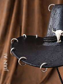 1pc Unisex Vintage PU Leather Metal Decor Embellished Western Cowboy Panama Hat Sun Hat Jazz Hat Cowboy Hat Soft Felt Hat Fedora Hat, Can Be Worn All Seasons - màu đen - Xem 4