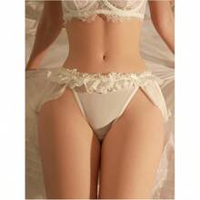 Women's Lingerie Lace Ruffle Panties Bowknot Mid Waist Thongs Underwear - trắng - Xem 4