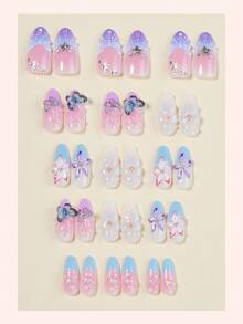 10pcs 3D Gradient Flower & Butterfly Decor Water Wave Rhinestone Design Y2K Style Glossy Full Cover Acrylic Nail Stickers, Suitable For Almond-Shaped Nails, Daily Wear For Women & Girls, Spring - Multicolor - View 3