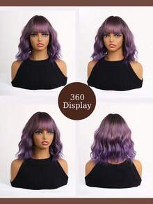 梅紫色波浪卷波波头带假发 - 逼真合成发丝，耐热，适合日常佩戴 - 紫色 - 查看 8