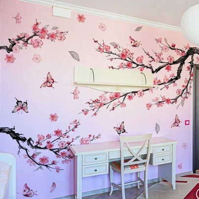 3 Pieces Set Of Japanese Pink Flower Branch Bathtub Wall Stickers, Butterfly Flower Pink Tree Wall Decoration, Suitable For Living Room, Bedroom, Bathroom, Bathtub, Entrance, Bedside, Home Atmosphere Decoration, Free Combination Stickers, Valentines Day And New Year Gift, Spring Decoration