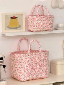 Pink Multi-Size Storage Basket Storage Basket, Desktop Sundries Storage Basket, Quilted Floral Storage Basket Laundry Basket Floral Clothing Storage Basket Large Capacity Laundry Basket Storage Bag Foldable Snack Basket With Handle Skincare Tool Storage Basket Toy Storage Basket Empty Basket Storage Bag - Pink - View 3