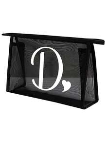 Bolsa de malha preta com estampa de letras brancas de A a Z, transparente, para guardar cosméticos. Grande capacidade e multifuncional, ideal para viagens, guardar batons, produtos de cuidados com a pele, maquiagem e outros itens essenciais. Perfeita para estudantes, com zíper e design minimalista. Ideal para guardar joias, joias, viagens, negócios, natação e para guardar em casa. Perfeita para as férias de verão. - Preto - Ver 17