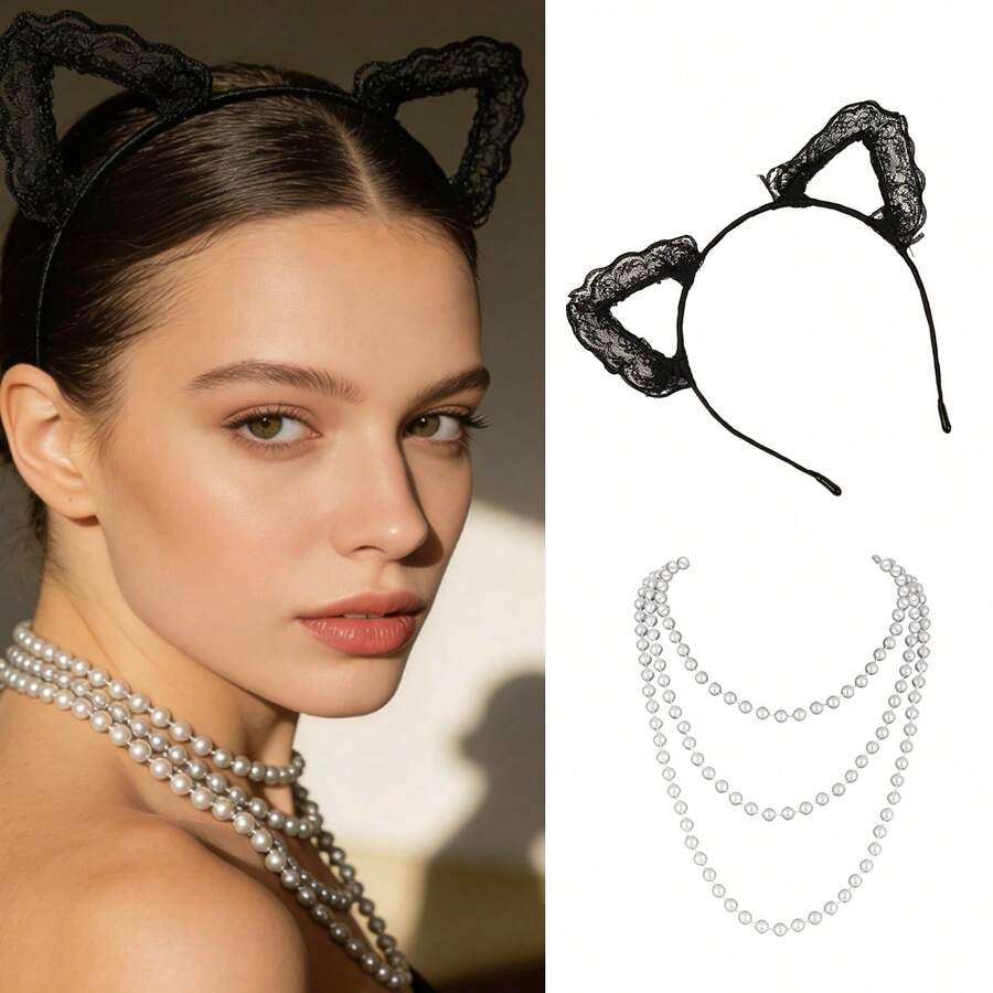 2pcs/Set Women's Decorative Accessories Set: Necklace, Lace Cat Ear Headband, Hollow Bunny Ear Hair Clip, Cute & Sexy, Suitable For Party, Banquet, Birthday Gift - Multicolor - View 1