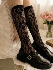 1/2 Pairs Women's Thigh High Socks - White Lace Hollow Rose, Lightweight Breathable Japanese Style Pure And Sweet, Spring/Summer - Multicolor - View 7
