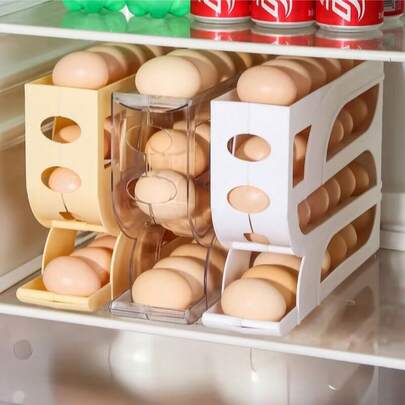 1pc Large Capacity Stackable Automatic Rolling Egg Holder, Suitable For Kitchen, Countertop And Refrigerator Storage, Easy To Clean And Wash, Applicable For Refrigerator Side Door Storage Rack, Kitchen Storage Rack, Kitchen Accessories, Egg Storage Container