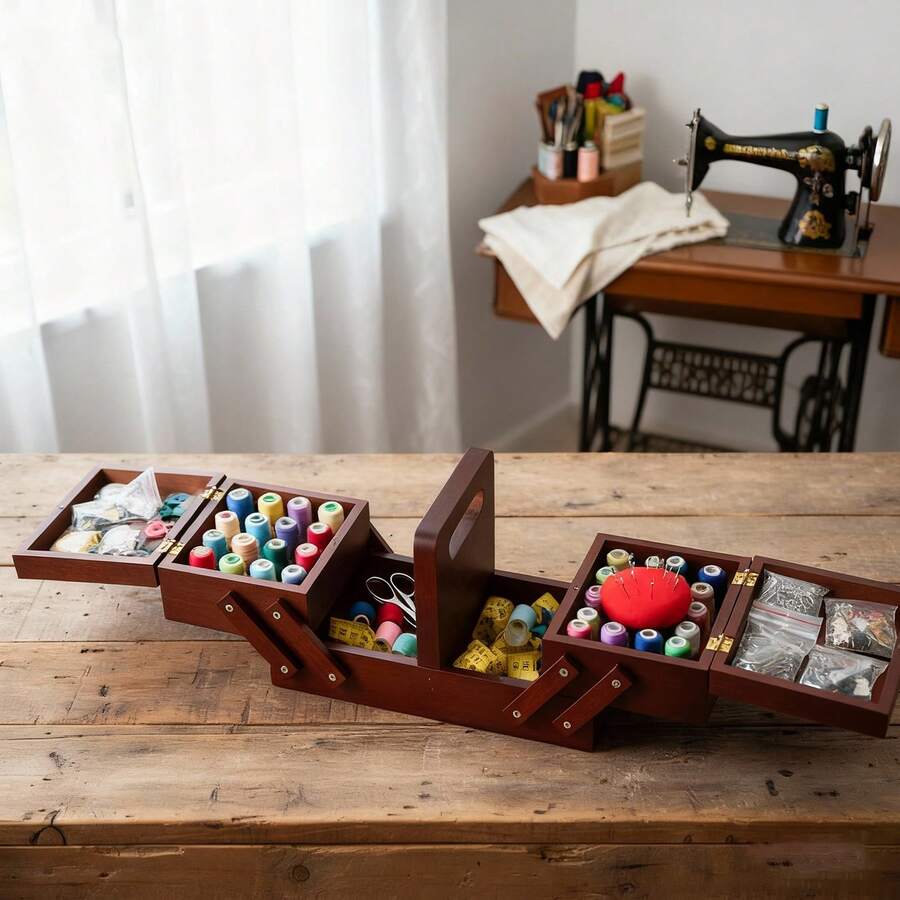 Wooden Expandable Sewing Box With Handle – Sewing Kit Storage Organiser For Embroidery, Quilting & Cross Stitch Supplies - Brown - View 1