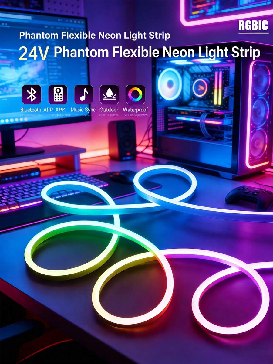 5米/4米/3米/2米/1米彩色霓虹LED灯带，配备44键红外遥控器和APP控制，DC 5V 2835 USB接口，RGB颜色和亮度可调，柔性RGB霓虹灯，颜色和亮度可调，音乐模式，适用于圣诞节、电影主题、家居装饰和派对氛围 - 多色光 - 查看 1