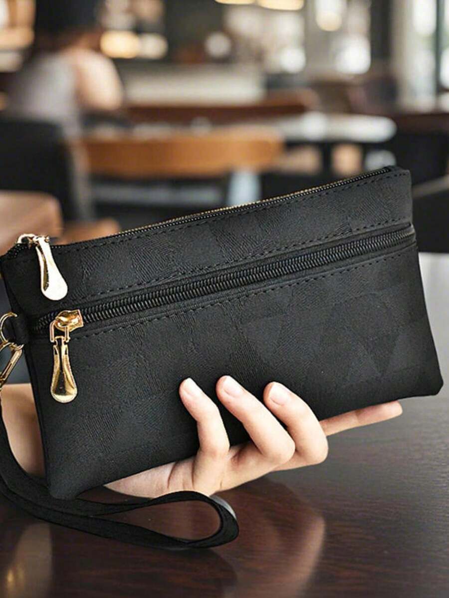 1件装男士时尚树纹拉链PU信用卡夹，小型拉链零钱包，拉链纽扣开合商务钱包，男士理想礼物 - 彩色 - 查看 1